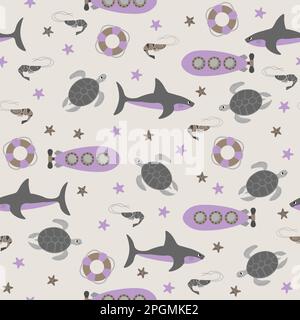 Motif vectoriel sans couture avec requin, sous-marin, tortue, crevettes, étoiles de mer, bouée de sauvetage.créatures de dessin animé sous-marin.arrière-plan marin.joli motif océan pour Illustration de Vecteur