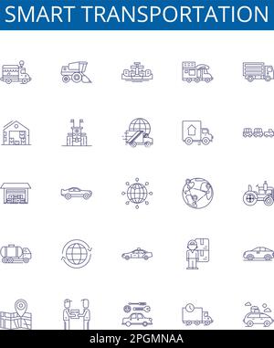Mise en place des affiches des icônes de la ligne de transport intelligente. Collection de modèles Smart, transport, autonome, intelligent, connecté, Véhicule, circulation, système Illustration de Vecteur