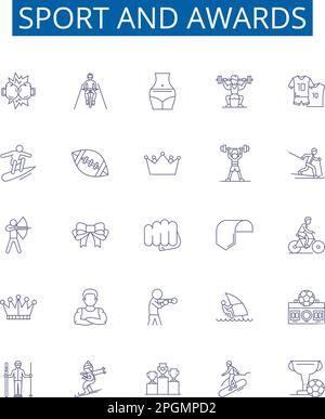 Des affiches d'icônes de la gamme de sport et de prix sont mises en place. Collection de design de sports, prix, concours, médailles, trophées, Programme Champions, Records, Excellence Illustration de Vecteur