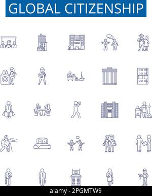 Ensemble de panneaux d'icônes de la ligne de citoyenneté mondiale. Collection de conception internationale, humanitaire, diversité, Intendance, Justice, Inclusion, égalité Illustration de Vecteur