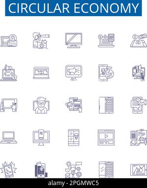 Ensemble de panneaux d'icônes circulaires de la ligne économique. Collection de conception de circulaire, économie, durable, recyclage, ressources, Réutiliser, réduire, Plan renouvelable Illustration de Vecteur