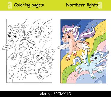 Deux adorables licornes volent dans le ciel nocturne avec les lumières du nord. Illustration vectorielle de dessin animé. Page de livre de coloriage pour enfants avec modèle de couleur. Pour colo Illustration de Vecteur
