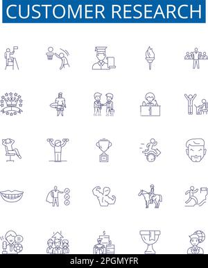 Mise en place des affiches des icônes de la ligne de recherche de clients. Conception de la collection client, recherche, enquête, aperçu, feedback, segmentation, analyse, contour du comportement Illustration de Vecteur