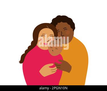 Des parents heureux, une mère caucasienne et un père afro-américain tenant un enfant ensemble. Concept de famille heureux. Illustration isolée sur fond blanc Banque D'Images