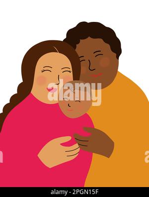 Des parents heureux, une mère caucasienne et un père afro-américain tenant un enfant ensemble. Concept de famille heureux. Illustration isolée sur fond blanc Banque D'Images