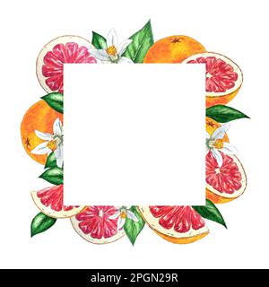 Cadre aquarelle d'oranges rouges, de fleurs et de feuilles peintes à la main dans un style botanique, pour les fêtes, les mariages et la conception de nourriture. fruits tropicaux Banque D'Images