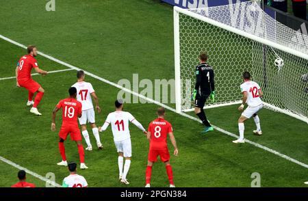 Photo du dossier datée du 18-06-2018 de l'Angleterre Harry Kane marquant son quinzième but international contre la Tunisie. Harry Kane a cassé le record de Wayne Rooney en Angleterre avec son but de 54th, en compensation de la place de pénalité dans le match de qualification du Championnat d'Europe contre l'Italie à Naples. Date de publication : jeudi 23 mars 2023. Banque D'Images