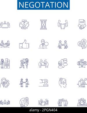 Ensemble de panneaux d'icônes de ligne de négation. Conception de la collection de négocier, haggle, discuter, négocier, médiate, arbitrer, parley, soutenir le vecteur de concept de contour Illustration de Vecteur