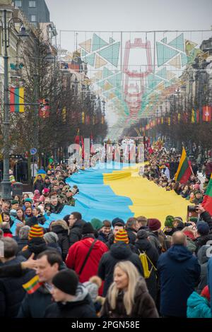 Vilnius Lithuanie - 11 mars 2023 : immense drapeau ukrainien le long de la rue à Vilnius, porté par des personnes avec des drapeaux lituaniens et ukrainiens Banque D'Images