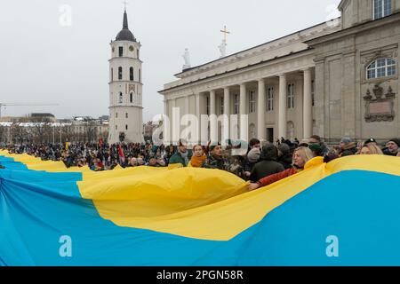 Vilnius Lithuanie - 11 mars 2023 : immense drapeau ukrainien le long de la rue à Vilnius, porté par des personnes avec des drapeaux lituaniens et ukrainiens Banque D'Images