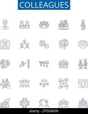 Mise en place des affiches d'icônes de la ligne des collègues. Conception de la collection de collègues, collègues, collègues de travail, associés, camarades, Partenaires, collègues, amis concept de contour Illustration de Vecteur