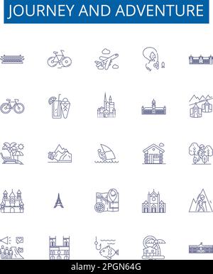 Ensemble de panneaux d'icônes de la ligne voyage et aventure. Collection design de Voyage, expédition, Trek, traverse, Roam, Expeditionary, Tour, exploration Outline Illustration de Vecteur