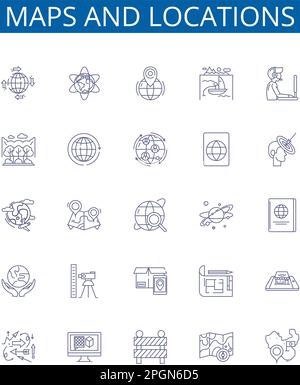 Cartes et emplacements icônes de ligne des panneaux de mise en place. Conception d'une collection de cartes, de lieux, de géographie, de cartes, de coordonnées, Repères, recherche de waypoints, Charting Illustration de Vecteur