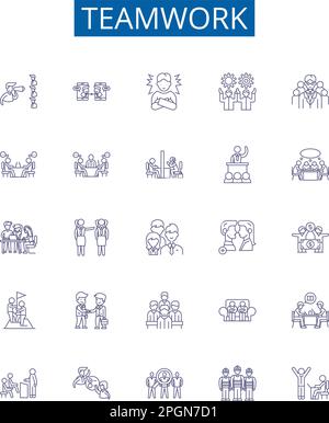 Mise en place des affiches des icônes de la ligne de travail d' Collection de conception de collaboration, coopération, synergie, affinité, Union, Concept commun, unité, Alliance Illustration de Vecteur