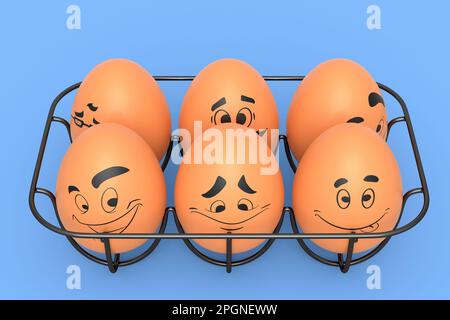 Ferme brun oeuf peint avec des expressions et visage drôle dans le plateau métallique sur fond bleu. 3D rendu des oeufs de Pâques modèle de conception pour accueillir un Banque D'Images