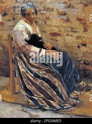 Liebermann Max - ancienne femme avec chat - École allemande - 19th siècle - Liebermann Max - Alte Frau mit Katze - École allemande - 19th siècle Banque D'Images