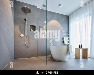 Salle de bains avec baignoire et douche dans un appartement moderne Banque D'Images