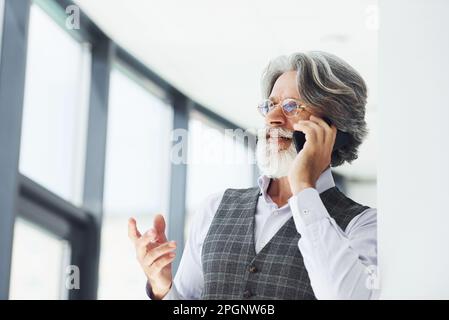 Un homme d'affaires prospère utilise le téléphone. Homme moderne et élégant avec cheveux gris et barbe à l'intérieur Banque D'Images