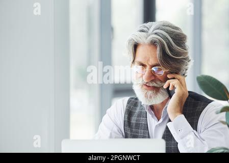 Un homme d'affaires prospère utilise le téléphone. Homme moderne et élégant avec cheveux gris et barbe à l'intérieur Banque D'Images