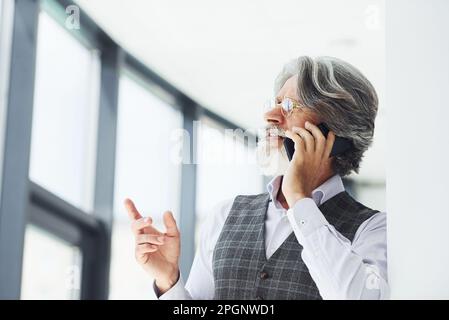 Un homme d'affaires prospère utilise le téléphone. Homme moderne et élégant avec cheveux gris et barbe à l'intérieur Banque D'Images