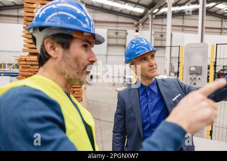 Des ingénieurs matures portant un casque de sécurité ayant des discussions dans une usine de robotique Banque D'Images