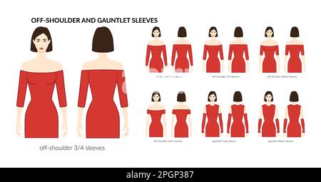 Ensemble de manches longues, courtes, coudes, 3-4 longueurs, illustration technique de la mode avec corps ajusté. Modèle de vêtements plats à l'avant et à l'arrière. Femmes, hommes unisex CAD maquette Illustration de Vecteur