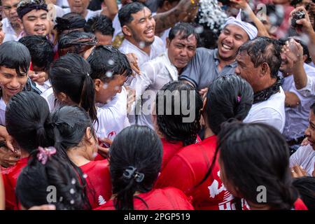 Denpasar, Bali, Indonésie - 23 mars 2023 : festival Omed-Omeda également connu sous le nom de rituel de Kissing dans les rues de Denpasar, Bali, Indonésie. Banque D'Images