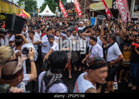 Denpasar, Bali, Indonésie - 23 mars 2023 : festival Omed-Omeda également connu sous le nom de rituel de Kissing dans les rues de Denpasar, Bali, Indonésie. Banque D'Images