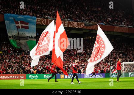 Copenhague, Danemark. 23rd mars 2023. Le stade Parken est prêt pour le match de qualification de l'UEFA Euro 2024 entre le Danemark et la Finlande à Copenhague. (Crédit photo : Gonzales photo/Alamy Live News Banque D'Images