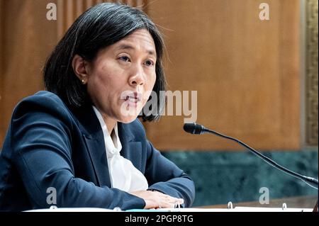 Washington, États-Unis. 23rd mars 2023. Katherine Tai, représentante commerciale des États-Unis, parlant aux États-Unis Capitole à une audience du Comité des finances du Sénat. Crédit : SOPA Images Limited/Alamy Live News Banque D'Images