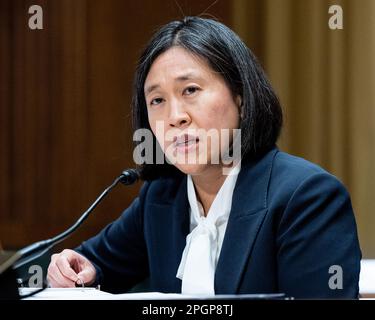 Washington, États-Unis. 23rd mars 2023. Katherine Tai, représentante commerciale des États-Unis, parlant aux États-Unis Capitole à une audience du Comité des finances du Sénat. Crédit : SOPA Images Limited/Alamy Live News Banque D'Images