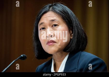 Washington, États-Unis. 23rd mars 2023. Katherine Tai, représentante commerciale des États-Unis, parlant aux États-Unis Capitole à une audience du Comité des finances du Sénat. Crédit : SOPA Images Limited/Alamy Live News Banque D'Images