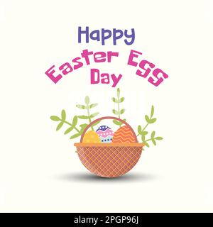 Illustration vectorielle du panier à œufs de pâques heureux avec feuilles naturelles Illustration de Vecteur