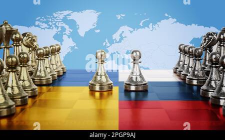 Concept de guerre entre l'Ukraine et la Russie. Pièces d'échecs à bord en couleur de drapeaux nationaux contre la carte du monde Banque D'Images