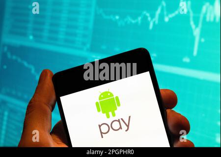 Chine. 15th févr. 2023. Dans cette illustration, la plate-forme de paiement en ligne américaine de Google, Android Pay, logo affiché sur un smartphone avec un graphique d'indice boursier économique en arrière-plan. Crédit : SOPA Images Limited/Alamy Live News Banque D'Images