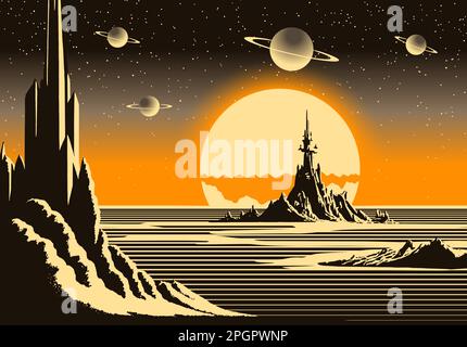 Paysage avec montagnes et château de science-fiction sur une planète lointaine. Lever de soleil futuriste rétro dans le style de l'ère atomique 80s. Illustration de Vecteur