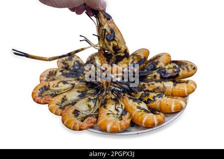 Découpe de crevettes, crevettes de rivière grillées ou crevettes thaïlandaises sur blanc isolé sur blanc isolé. Banque D'Images