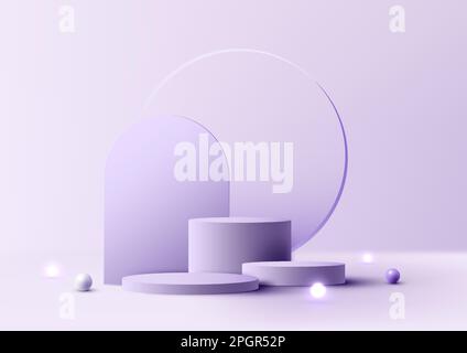 3D réaliste studio vide groupe de cylindre violet podium stand transparent verre cercle décor avec sphère boules de lumière sur minimal Illustration de Vecteur