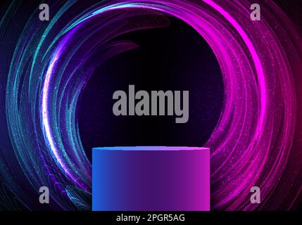 3D technologie réaliste cyberpunk style support cylindrique de podium bleu et rose avec des couleurs néon abstraites lignes de tourbillon de lumière forme circulaire sur fond sombre Illustration de Vecteur