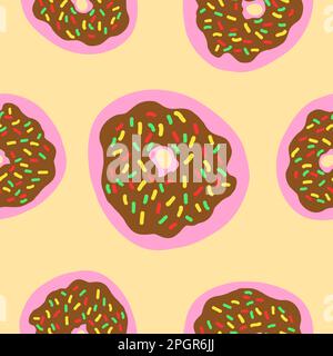 Motif sans couture des anneaux en forme de beignet, style de dessin animé plat. Beignets aux saupoudrées colorées, crème au chocolat et base vernie rose. Boulangerie douce. Vector colo Illustration de Vecteur