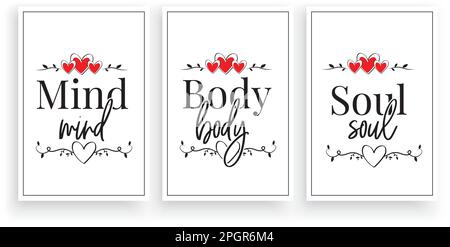 Esprit, corps, âme, vecteur. Design scandinave. Texte, lettrage. Affiche minimaliste en trois pièces. Œuvres d'art mural, décoration murale. M Illustration de Vecteur