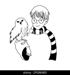 Harry Boy dans des verres avec hibou blanc des livres. Illustration vectorielle magique de style dessin animé, isolée sur fond blanc. Illustration de Vecteur