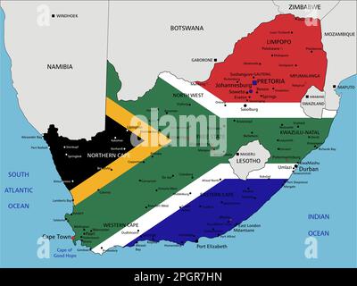 Afrique du Sud carte politique très détaillée avec drapeau national. Illustration de Vecteur