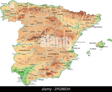 Carte physique Espagne haute précision avec étiquetage. Illustration de Vecteur