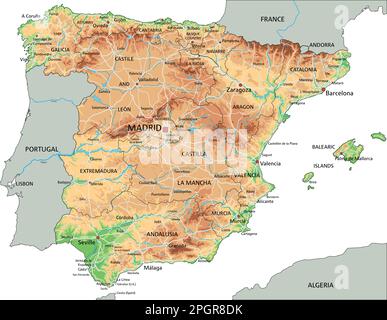 Carte physique Espagne haute précision avec étiquetage. Illustration de Vecteur