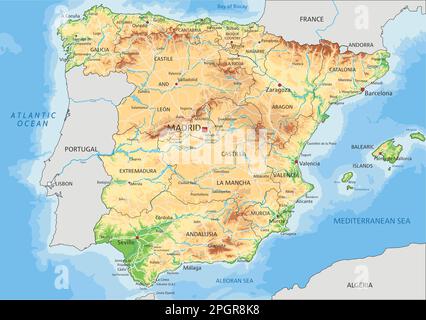 Carte physique Espagne haute précision avec étiquetage. Illustration de Vecteur
