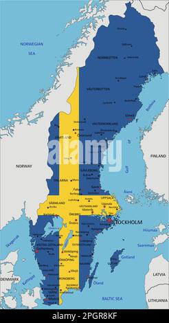 Suède carte politique très détaillée avec drapeau national isolé sur fond blanc. Illustration de Vecteur