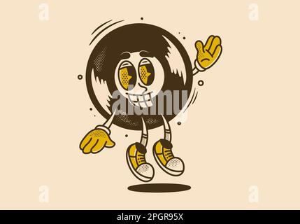 Motif mascotte de vieux vinyle rond au visage heureux Illustration de Vecteur