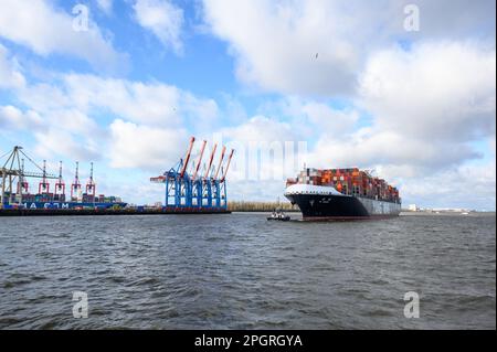 Hambourg, Allemagne. 24th mars 2023. Le navire à conteneurs « Wisdom » de la compagnie de transport Yang Ming navigue sur l'Elbe devant le terminal à conteneurs vides Waltershof. La grève d'avertissement dans le port de Hambourg est terminée. Credit: Jonas Walzberg/dpa/Alay Live News Banque D'Images