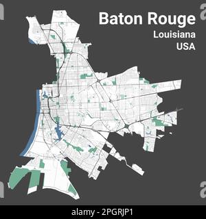 Carte de Baton Rouge, capitale de l'État américain de Louisiane. Carte de la région administrative municipale avec les rivières et les routes, les parcs et les chemins de fer. Vecteur illus Illustration de Vecteur